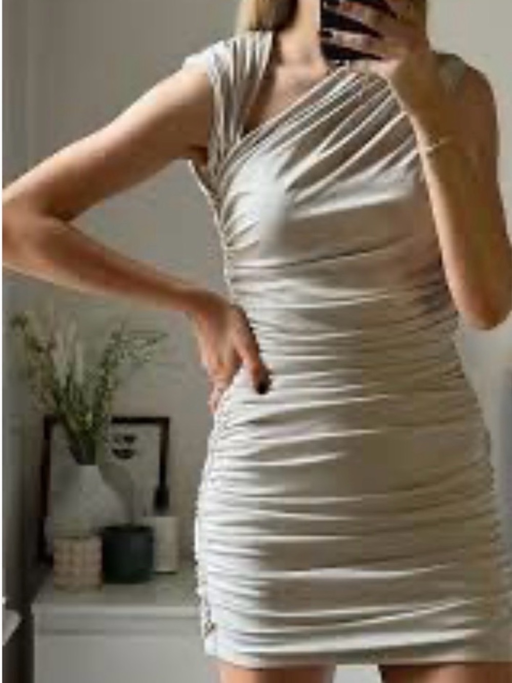 Zara Cream Ruched One-Shoulder Bodycon Dress Size S